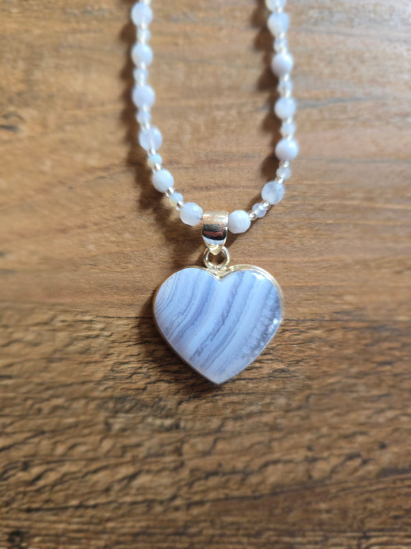 Blue Lace Agate Heart Pendant and Chain: Freedom of Expression and Deep Peace